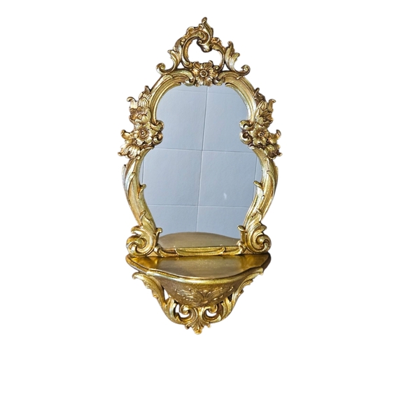 VINTAGE 1970 SYROCO Dart HOMCO 2327 HOLLYWOOD REGENCY Gold WALL MIRROR W/ SHELF - Picture 2 of 6